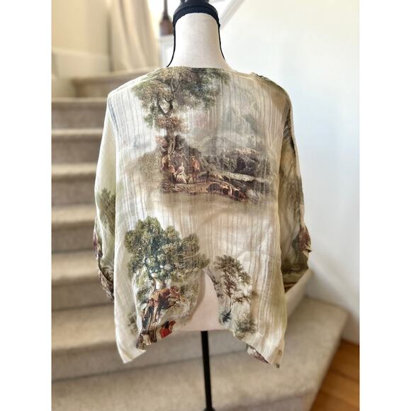 Yuvita Linen Boxy Short Sleeve Romantic Regency Georgian Colonial Print Blouse - Picture 2 of 9